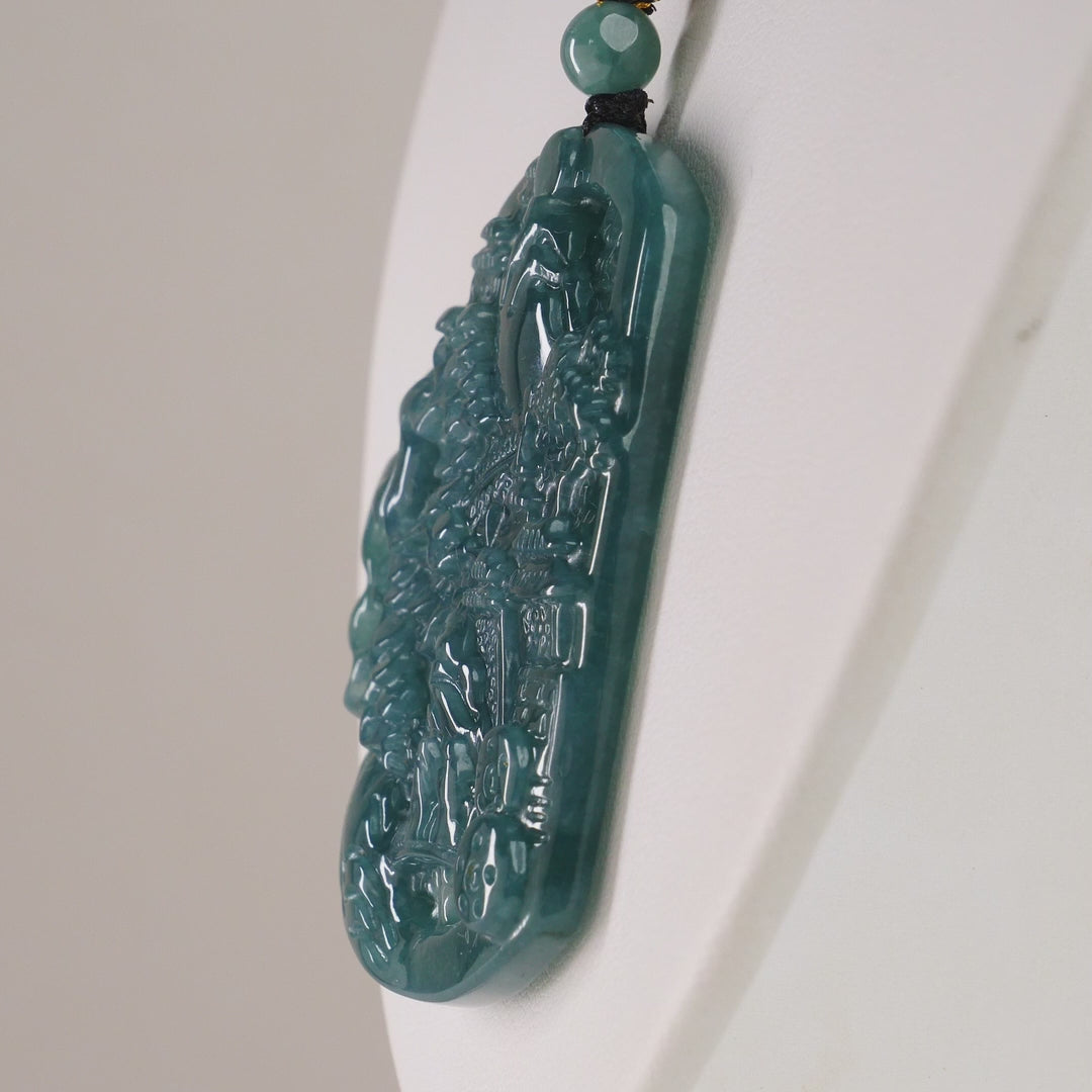Olmec Jadeite Double Sided Landscape Carving On Rope Necklace