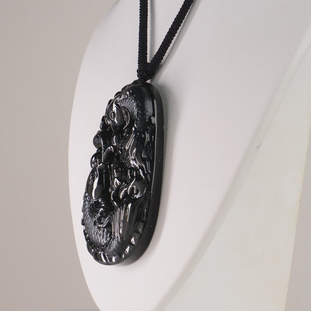 Type A Black Omphacite Jadeite Koi Carp Carved Pendant