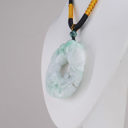 Type A Dark Floating Flower Burmese Jadeite Dragon & Pearl Carved Pendant On Rope