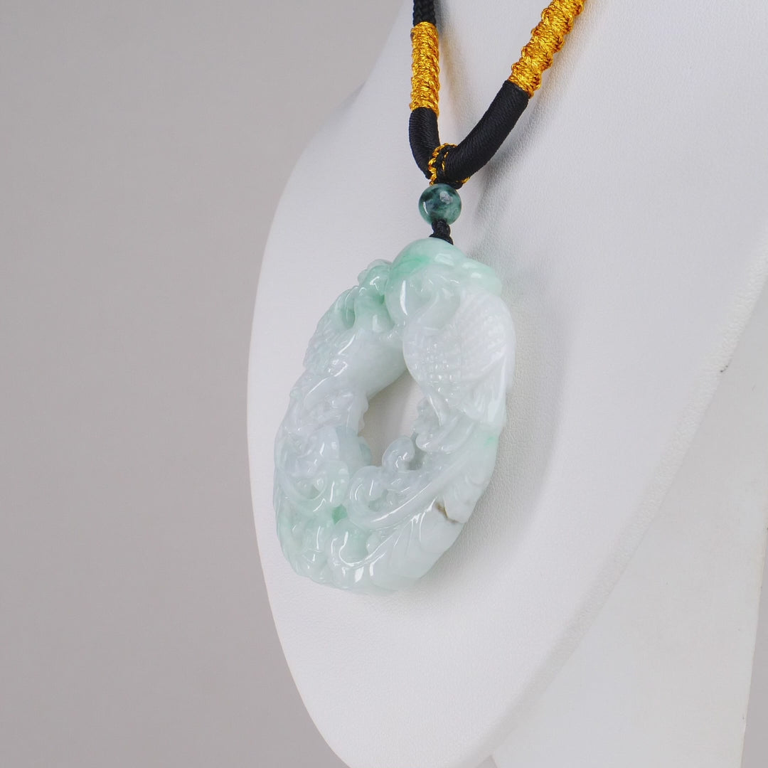 Type A Dark Floating Flower Burmese Jadeite Dragon & Pearl Carved Pendant On Rope