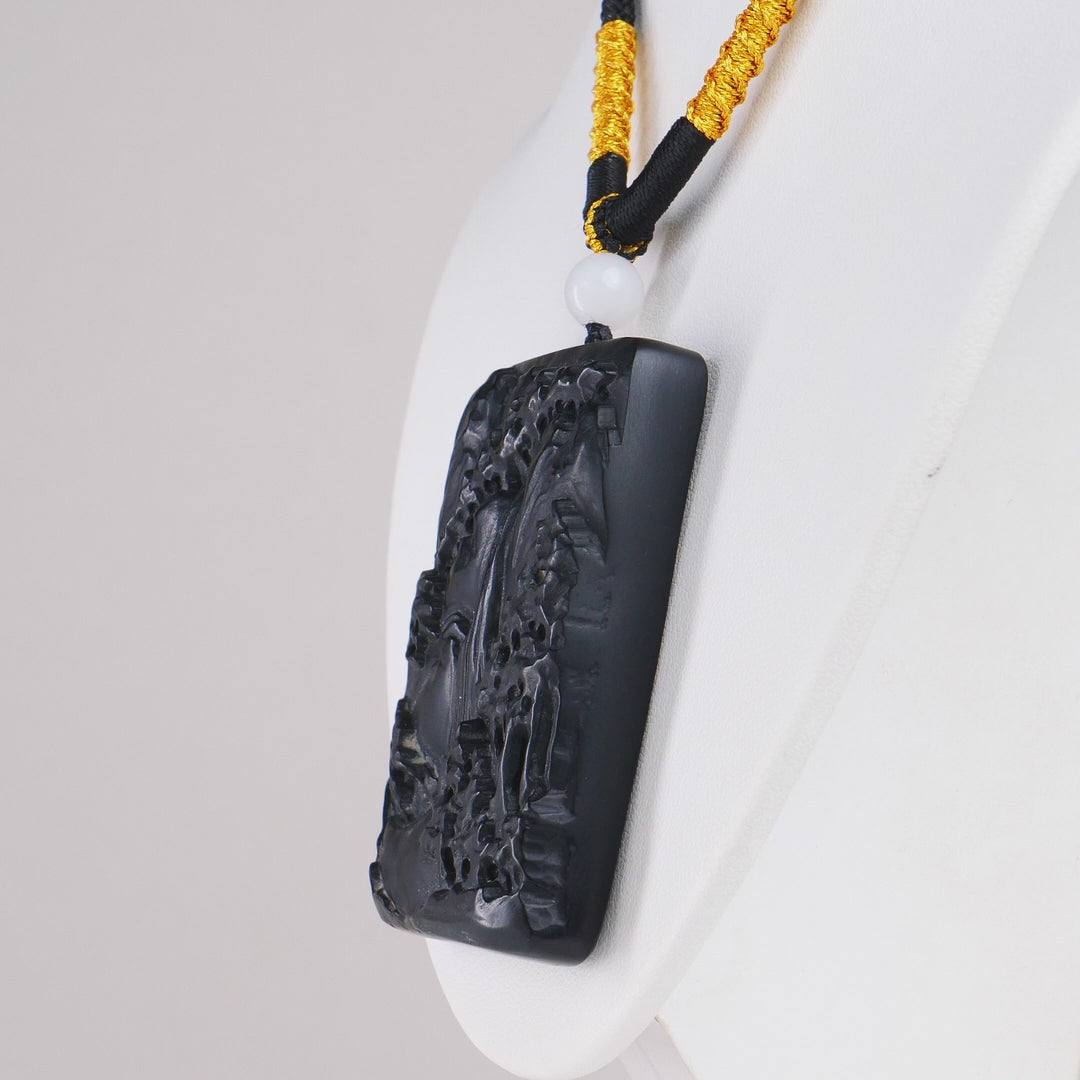 The Dragon Gate Black Mutton Fat Jade Landscape Carved Pendant
