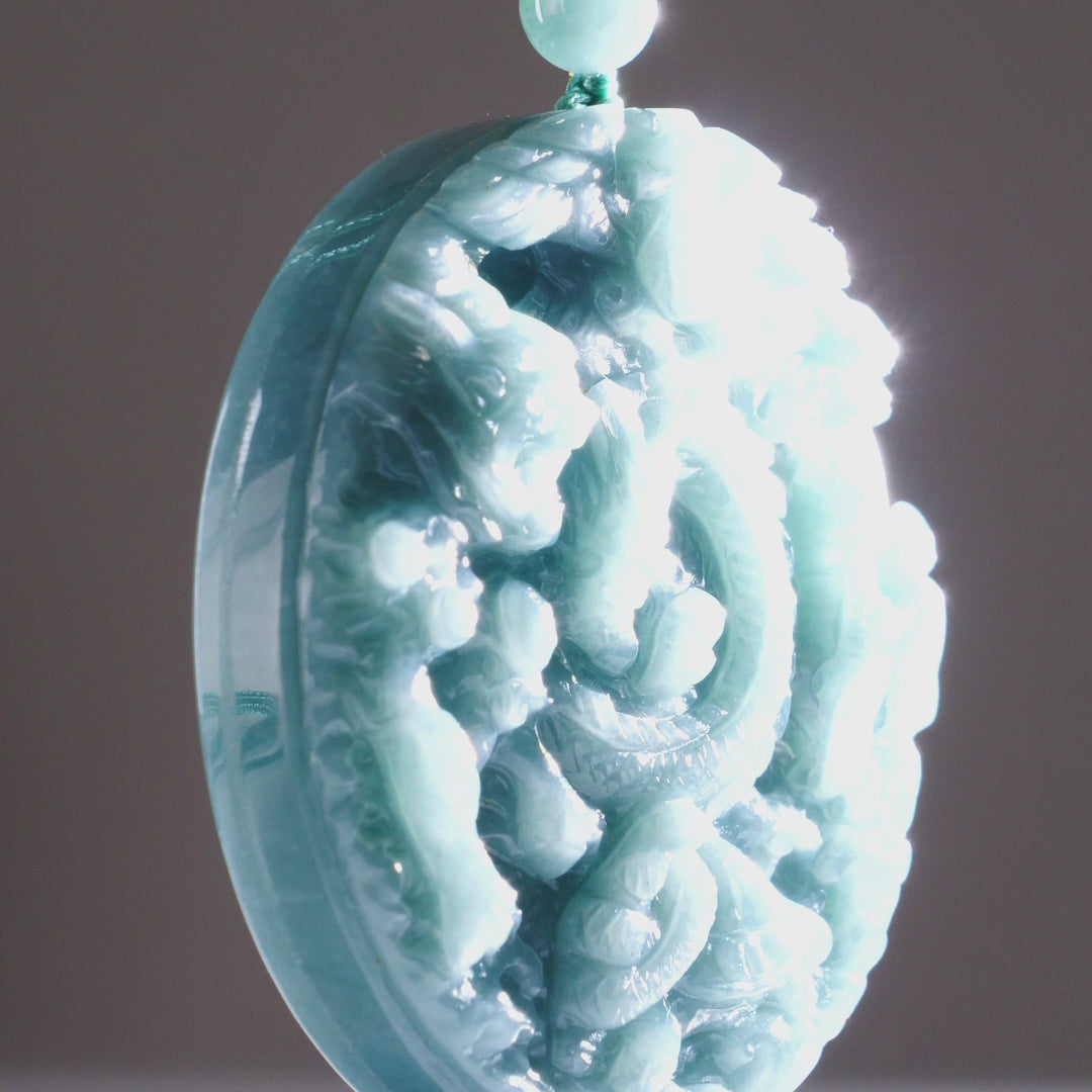 Type A Blue Jadeite Double Sided Carving On Rope, Yin Yang Reverse
