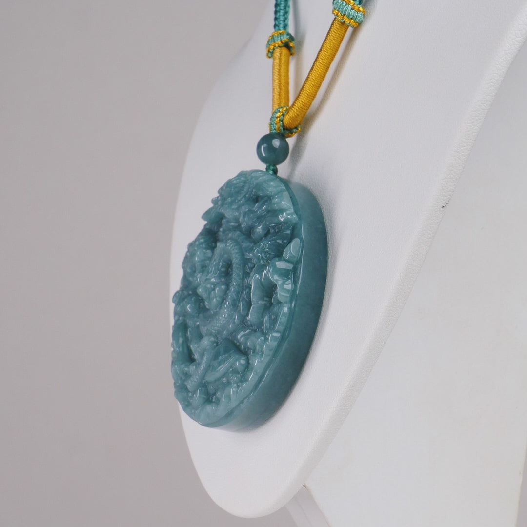 Type A Blue Jadeite Double Sided Carving On Rope, Yin Yang Reverse