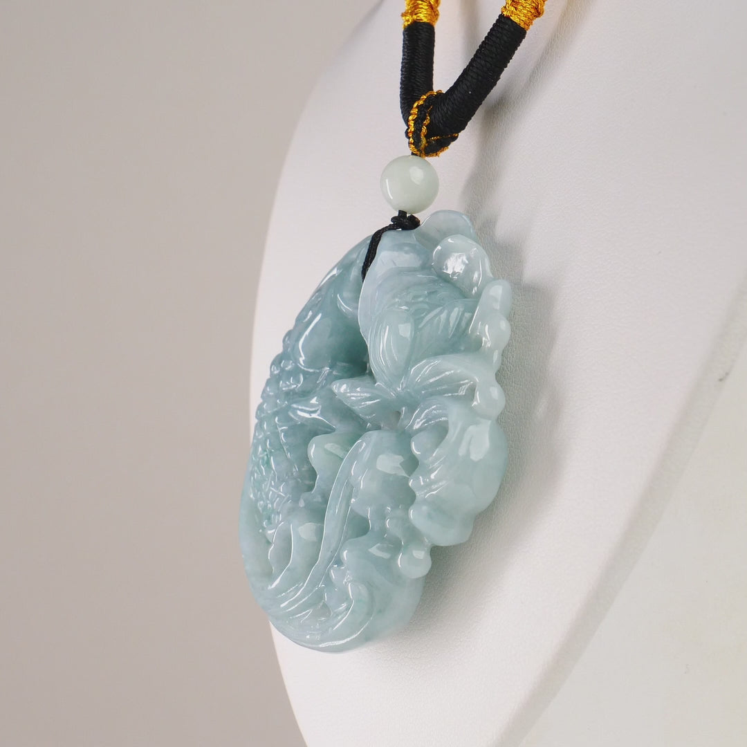 Type A Burmese Jadeite Green Carved Koi Pendant