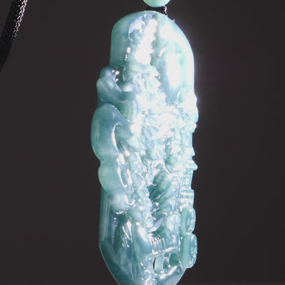 Olmec Jadeite Double Sided Landscape Carving On Rope Necklace