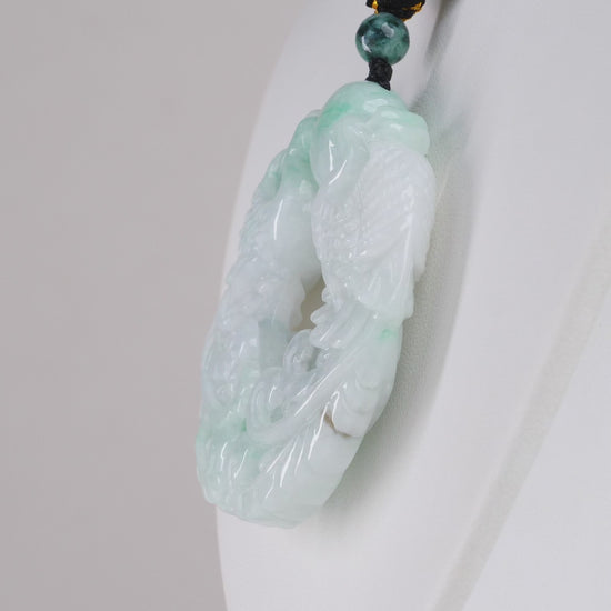Type A Dark Floating Flower Burmese Jadeite Dragon & Pearl Carved Pendant On Rope