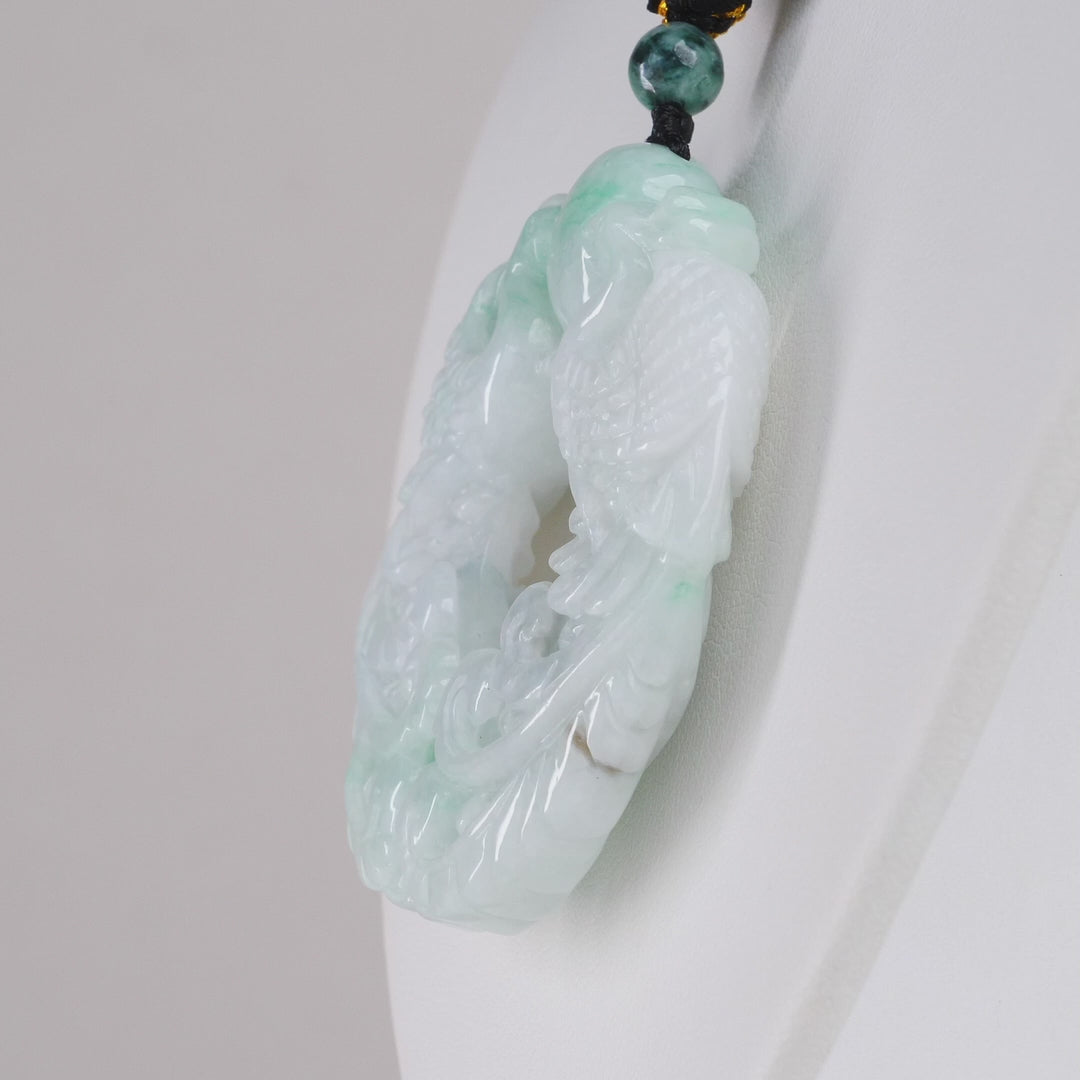 Type A Dark Floating Flower Burmese Jadeite Dragon & Pearl Carved Pendant On Rope