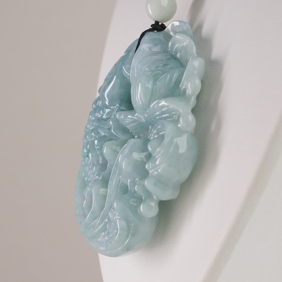 Type A Burmese Jadeite Green Carved Koi Pendant