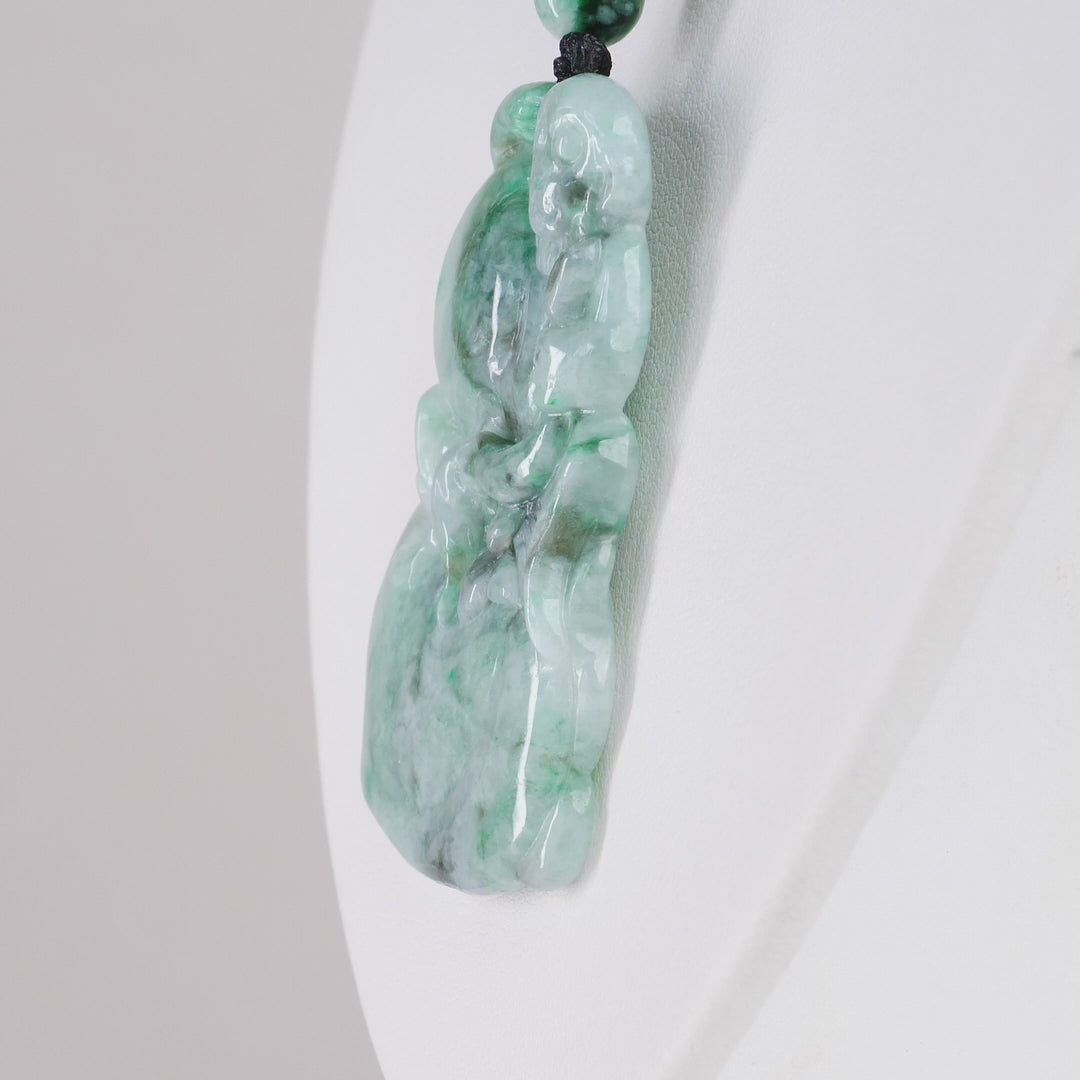 Type A Dark Floating Flower Burmese Jadeite Monkey Carved Pendant On Rope