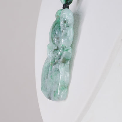 Type A Dark Floating Flower Burmese Jadeite Monkey Carved Pendant On Rope