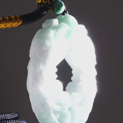 Type A Dark Floating Flower Burmese Jadeite Dragon & Pearl Carved Pendant On Rope