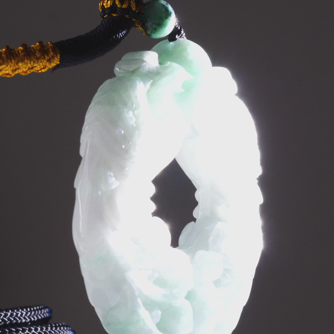 Type A Dark Floating Flower Burmese Jadeite Dragon & Pearl Carved Pendant On Rope