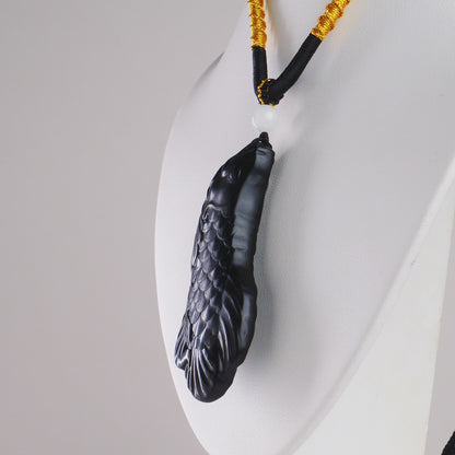 DHJ Black Mutton Fat Jade Landscape Fish Carving