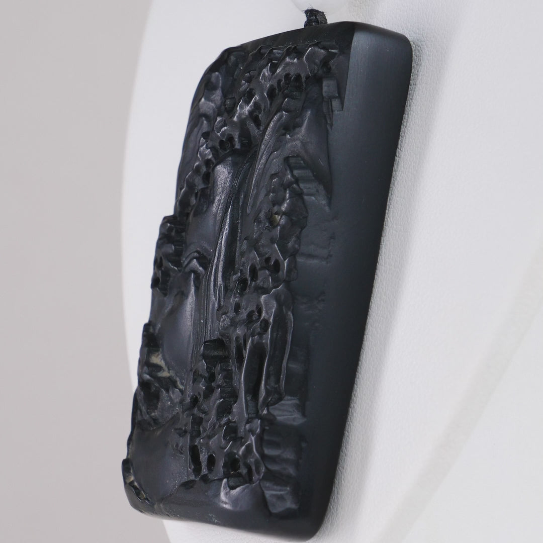 The Dragon Gate Black Mutton Fat Jade Landscape Carved Pendant